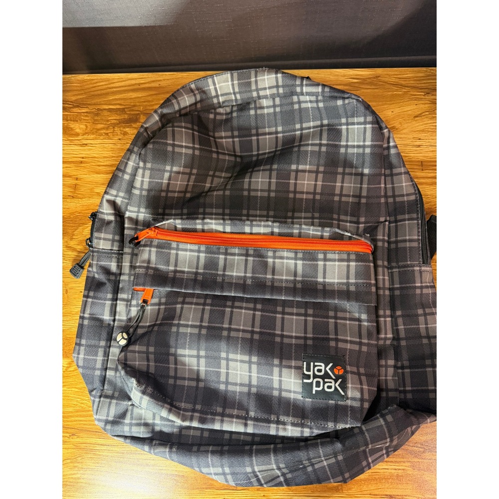 Yak Pak Grey Plaid Backpack with Orange Zipper Accents Men's School Travel Bag